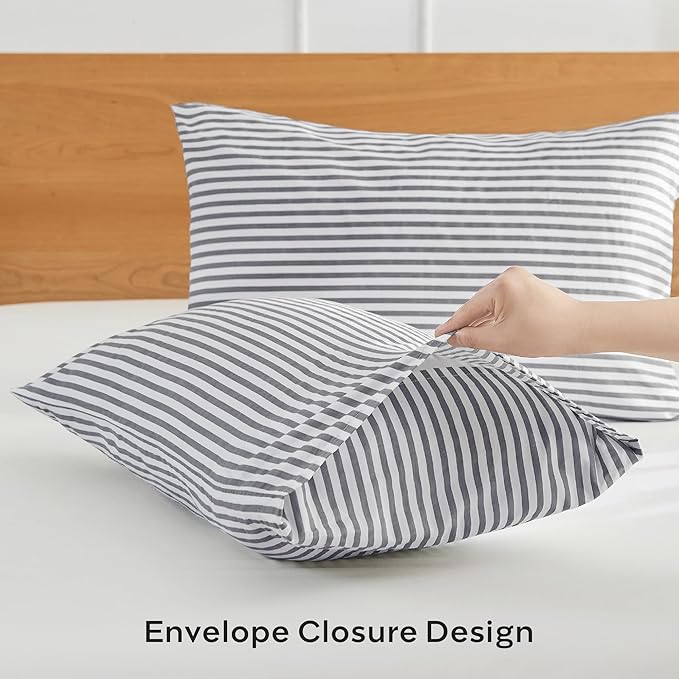 JELLYMONI 100% Natural Cotton Plaid Standard Pillowcases Set, 2 Pack Dark Gray with White Stripes Pattern Printed Pillow Covers with Envelope Closure(Pillows are not Included)