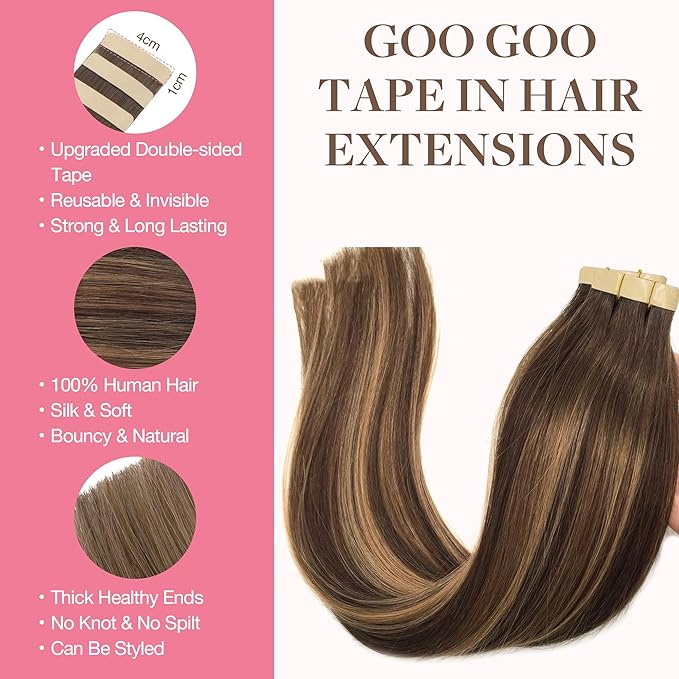 GOO GOO 24inch Tape in Human Hair Extensions Balayage Chocolate Brown to Caramel Blonde Remy, Tape in Balayage Natural , Straight 20pcs 50g