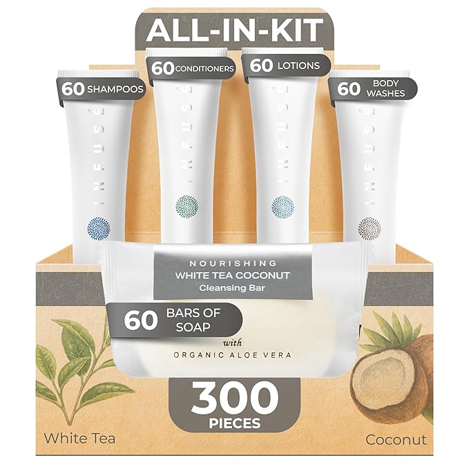 Infuse Pure White Tea and Coconut Hotel Soaps and Toiletries Bulk Set | 1-Shoppe All-In-Kit for Airbnb | 1oz Shampoo & Conditioner, Body Wash, Lotion & 1.25oz Bar Soap | Travel Size 300 Pieces