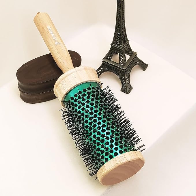 SUNBIRD Round Brush for Blow Drying - Wood Handle Professional Blowout Brush with Aluminium Ceramic Ionic Thermal Barrel for Smooth Hair, Volume & Heat Wave Curly Styling (Outer Diameter2.75Inch)