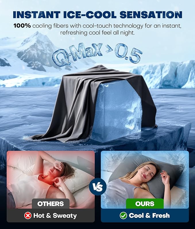 Ultra-Chill Cooling Pillowcase Set of 2 for Hot Sleepers, Softer Than Silk Pillow Cases for Protecting Hair & Skin, Breathable Bed Pillow Covers w/Zipper, Gifts for Women & Men(Dark Gray, Standard)
