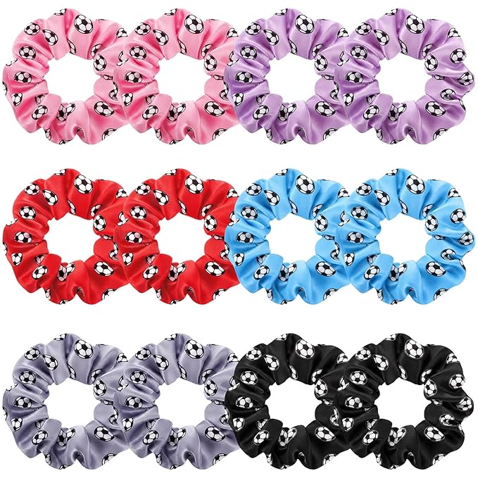 Soccer Hair Scrunchies, 12 Pieces Colorful Football Pattern Hair Ties, Elastic Ponytail Holders, Sports Team Accessories for Girls Women Players Coaches