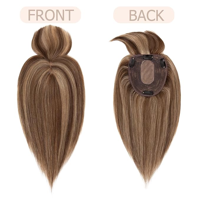 Hair Toppers for Women Real Human Hair With Bangs, 13 * 15 cm Larger Silk Base 150% Density Clip In Topper Hairpieces, Wiglet Top Pieces Add Volume -10 Inch 4P27 Medium Brown&Dark Blonde