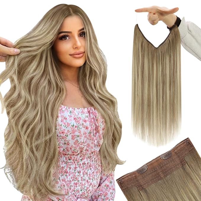 YoungSee Wire Hair Extensions Real Human Hair Brown Blonde Hair Extensions Wire Light Brown with Platinum Blonde One Piece Hair Extension Dyable Remy Hair 16Inch 80G