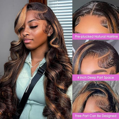 32 Inch Highlight Ombre Lace Front Wig Human Hair Body Wave Lace Front Wigs Human Hair 13x4 Pre Plucked 1B/30 Black with Brown Highlight Wig 200% Density Colored Glueless Wigs for Women