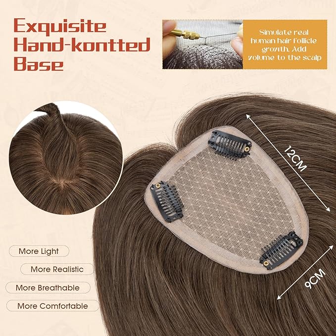 Rich Choices Human Hair Toppers for Women-100% Real Remy Hair Topper No Bang-Upgraded 150% Density 9 * 12CM Lace Base-Clip in Hairs Topper for Thinning Hairs-12Inch #2 Dark Brown