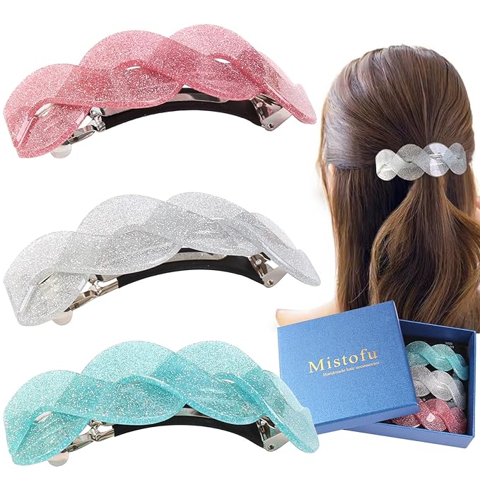 3 Pcs Large Retro Women's Hair Barrettes, French Hair Pins, Thick Hair Clasps and Accessories (fine powder1)