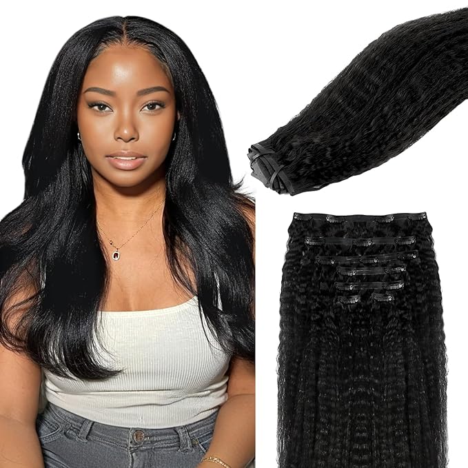 Lashey Seamless Clip in Hair Extensions Human Hair #1 Jet Black Kinky Straight Clip in Hair Extensions Real Human Hair 7pcs 110g 24 Inch PU Weft Natural Hair Extension for Women
