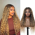Human Hair Boho Curls Hand-Tied HD Full Lace Wig - 24" Salon-Level Small Box Synthetic Braids (100 Braids, High Density) Pre-Cut Swiss HD Lace, Pre-Plucked, Tangle-Free - 1B/27 Honey Blond