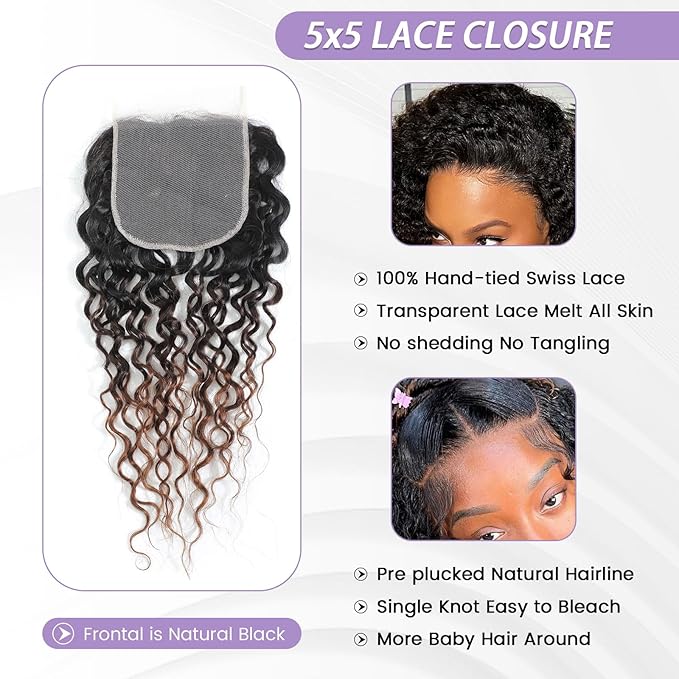 T1B/2/30 Ombre 5x5 Water Wave Lace Closure 100% Real Human Hair 12 Inch Chestnut Brown Ombre Water Wave Transparent Lace Closure