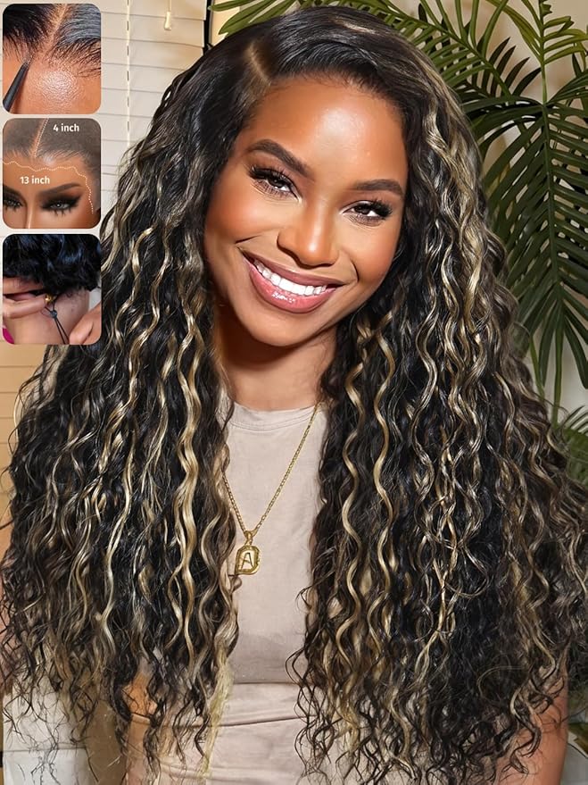 KLAIYI Ombre Highlight Blonde Water Wave Glueless Pre Everything 13x4 Lace Front Wigs Human Hair Drawstring Pre Plucked Pre Bleached Bye Bye Knots Curly Wig with Dark Roots Ready to Wear and Go 24Inch