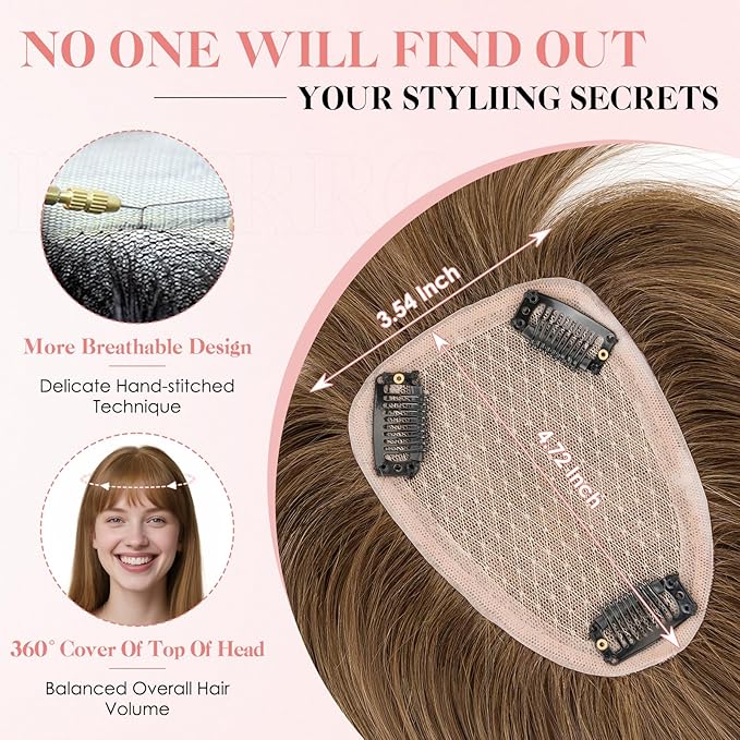 Hairro Human Hair Toppers with Wispy Bangs, 3.5x4.7" Hand-wovened Base for Women with Thinning Hair, Lightweight & Breathable Realistic Scalp, Clip-in Hairpieces for Easy Wear, 12 Inch Medium Brown