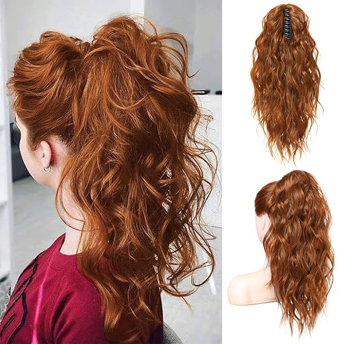 FLUFYMOOZ Ponytail Extension, 18 Inch Claw Clip Ponytail Extension, Wavy Curly Claw Clip in Ponytail Hair Extensions, Natural Fake Ponytail Synthetic Hairpiece for Women (Copper Red)