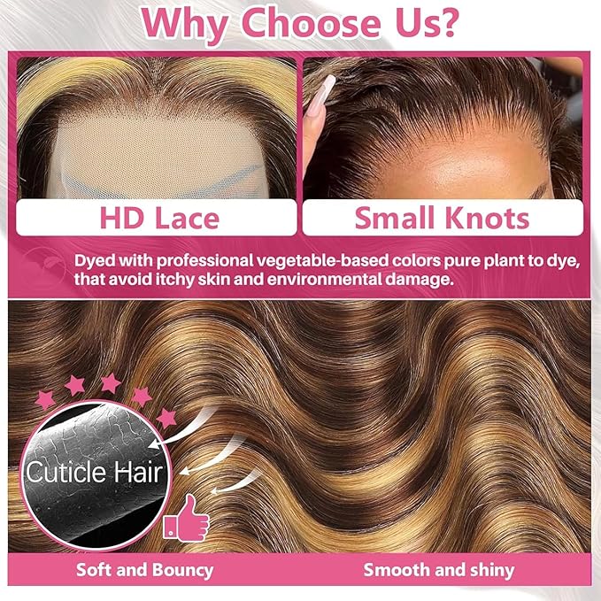 28 Inch 13x6 Lace Front Wigs Human Hair 200 Density P4/27 Highlight Ombre Body Wave HD Lace Front Wigs Human Hair Pre Plucked