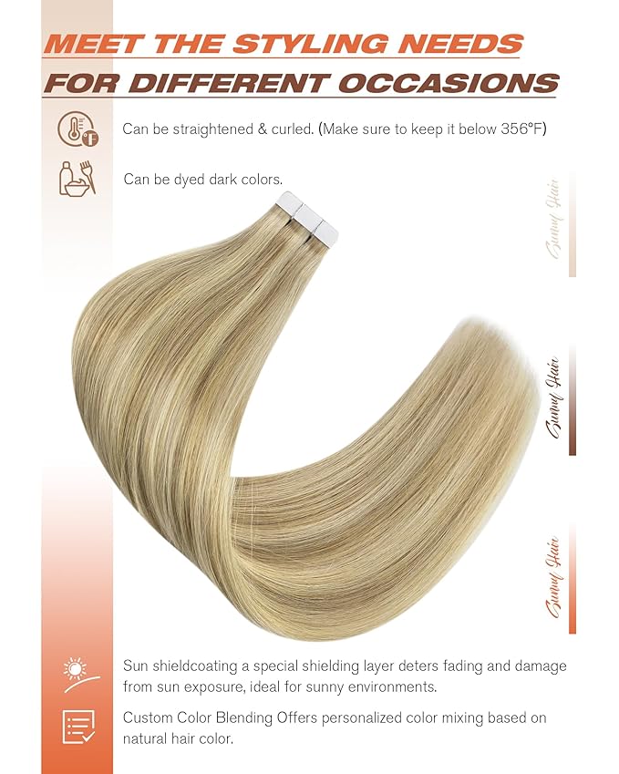 Sunny Hair Tape in Hair Extensions Real Human Hair Invisible Remy Hair Extensions Tape ins for Women Golden Blonde Highlight Medium Blonde 12 inch 20Pcs 30G