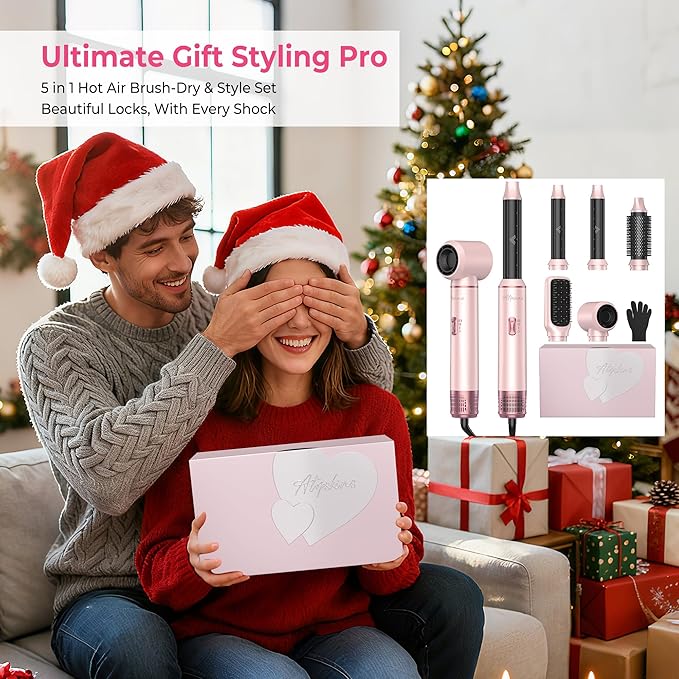 5 in 1 Hair Dryer Brush Set, Hot Air Styler, Detachable Blow Dryer Brush, 3 Heat Settings Auto Curling Wrap Styler, Ionic Hair Styling Tools, Straight Curl Dry Volumiz Smooth (Pink)