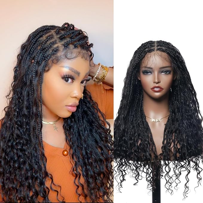 Human Hair Boho Curls Hand-Tied HD Full Lace Wig - 24" Salon-Level Small Box Synthetic Braids (100 Braids, High Density) Pre-Cut Swiss HD Lace, Pre-Plucked, Knotless, Tangle-Free - Black 1B