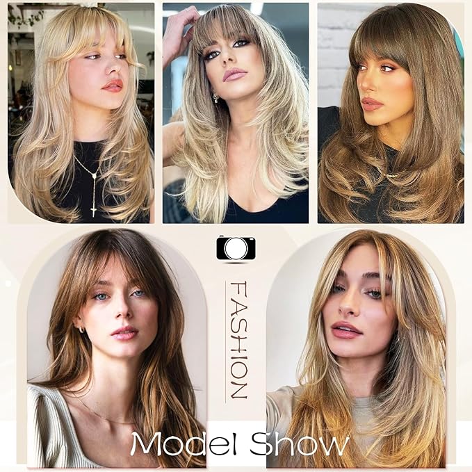 SOFEIYAN Long Straight Layered Wig with Bangs 24 Inch Synthetic Natural Hair Wig Soft Heat Resistant Long Wigs for Women Daily Party Use