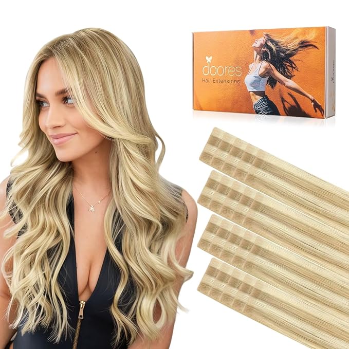 DOORES Invisi Edge Tape in Hair Extensions Real Human Hair, Light Blonde Highlighted Golden Blonde 10 Injection Tape-ins with 10 Injection Tape-ins 50g 22 Inch, Injected Tape in