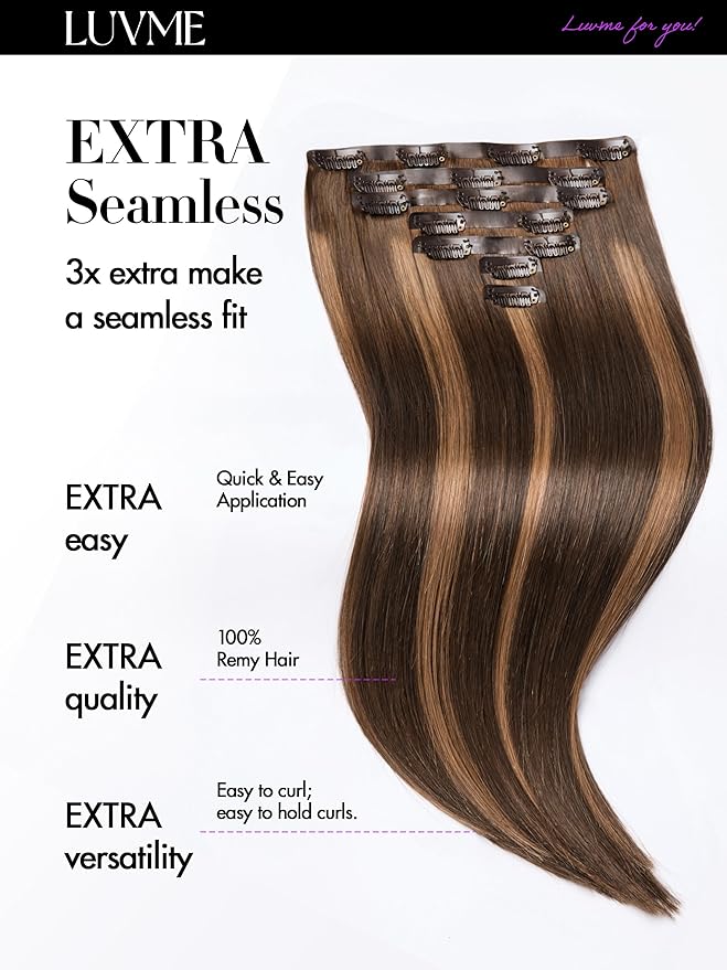 LUVME Straight Seamless 110g 7Pcs Clip in Hair Extensions Full Max with 18inch Remy Human Hair Extensions, Highlight Color 100% Real Soft