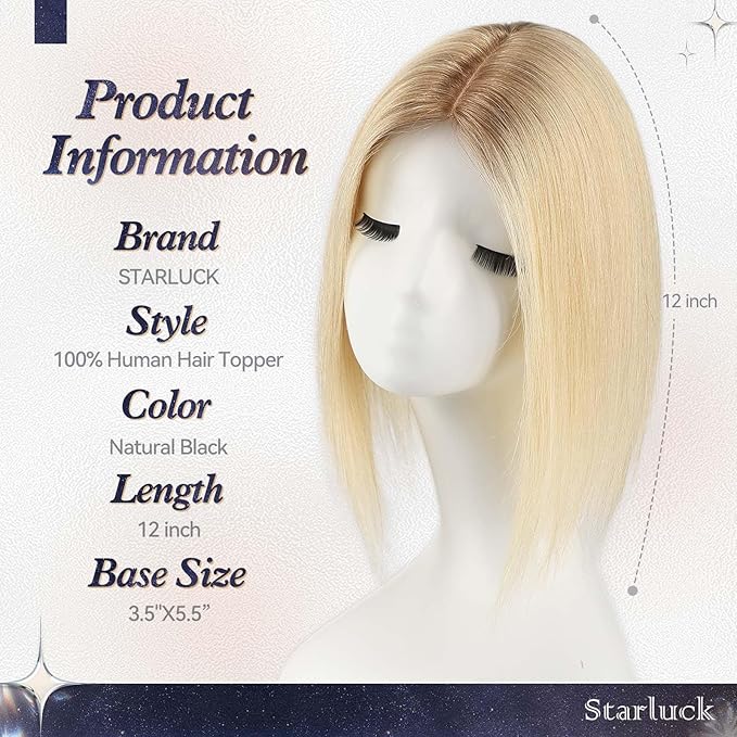 starluck Human Hair Toppers for Women Real Human Hair No Bangs 4 * 5.5 inch Base 12 inch SilkHug Topper for Women with Thinning Hair Cover Grey Roots(Ombre Light Blonde)