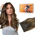 DOORES Human Hair Clip-in Extensions, Chocolate Brown to Caramel Blonde, 7pcs 110g 22 Inch, Seamless Clip-in with Skin Weft Remy Straight Invisi Edge Hair Extensions