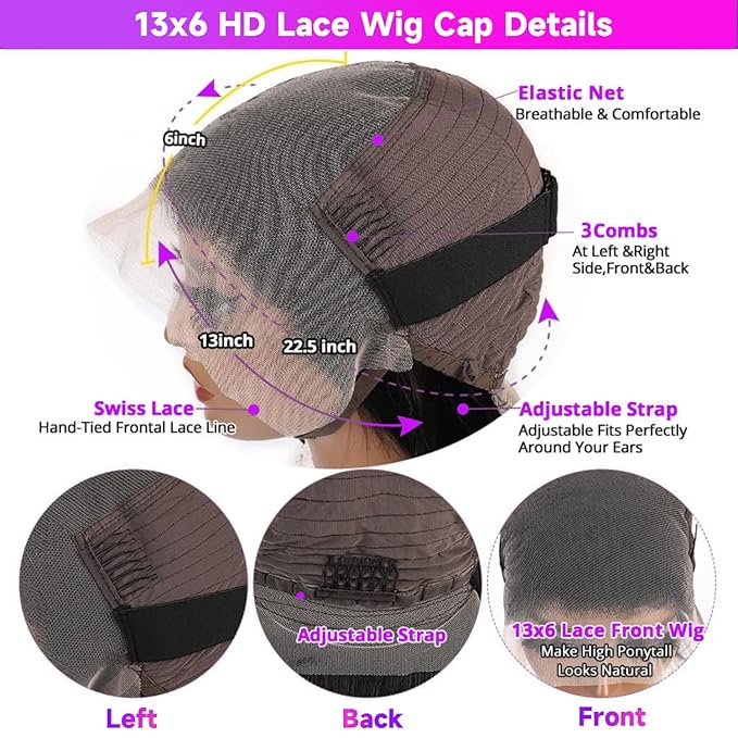 34 Inch 13x6 HD Body Wave Lace Front Wigs Human Hair Pre Plucked 200 Density Brazilian Virgin Human Hair Wigs for Women Glueless Lace Frontal Wig Natural Black Body Wave Wig