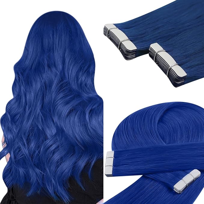 YoungSee Tape in Hair Extensions Real Human Hair Blue Invisible Tape in Human Hair Extensions Blue 18 Inch Seamless Tapes Hair-Extensions Colored 10pcs 25g DIY Hair Extension