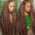 30inch 13x6 Highlight Ombre Deep Wave Lace Front Wigs Human Hair Pre Plucked 210% Density P4/27 Highlight Curly HD Transparent Lace Frontal Wigs with Baby Hair Wet and Wavy Human Hair Wig