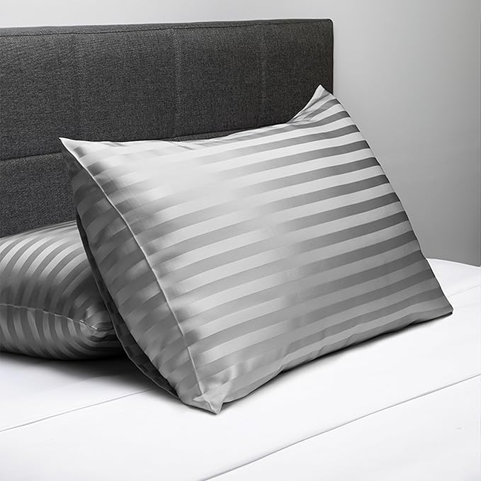 Fishers Finery 25mm 100% Pure Mulberry Silk Pillowcase Set (Gray Stripe Queen 2 Pack)