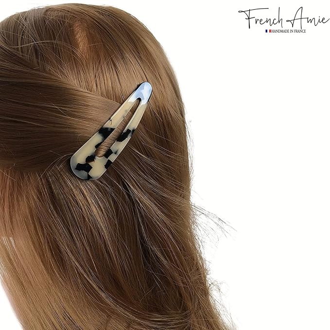 French Amie Clic Clac Large Handmade Celluloid Acetate Set of 2 Snap Hair Clips No Slip Side Slide-in Barrette for Women and Girls (White Tokyo)