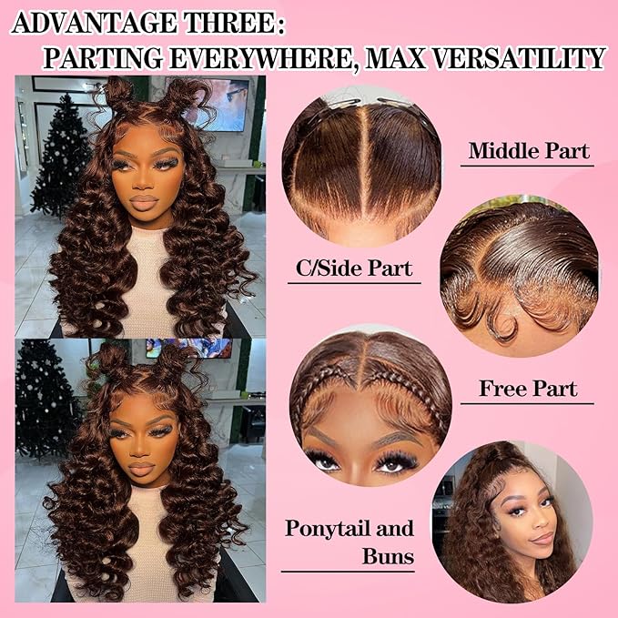 MEIMEI 250% Density HD Full Lace Front Wigs Human Hair Loose Deep Wave Chocolate Brown 15A Grade Real Full Large Lace Space Brown 13x4 Loose Wave Lace Frontal Wigs Human Hair Pre Plucked 24 Inch