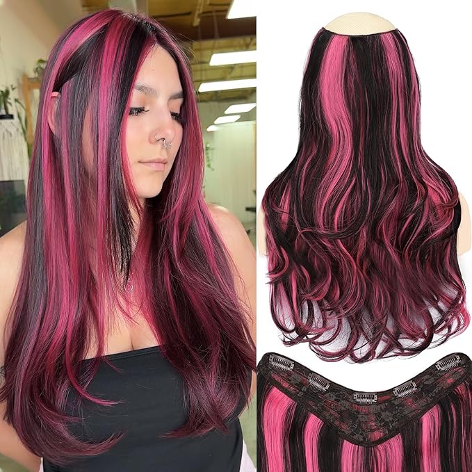 ALXNAN Long Wavy Hair Extensions for Women, Clip in Hair Extensions Clip Ins Soft Full Head Synthetic Hairpieces 20 Inch Black Mix Rose Pink Highlights