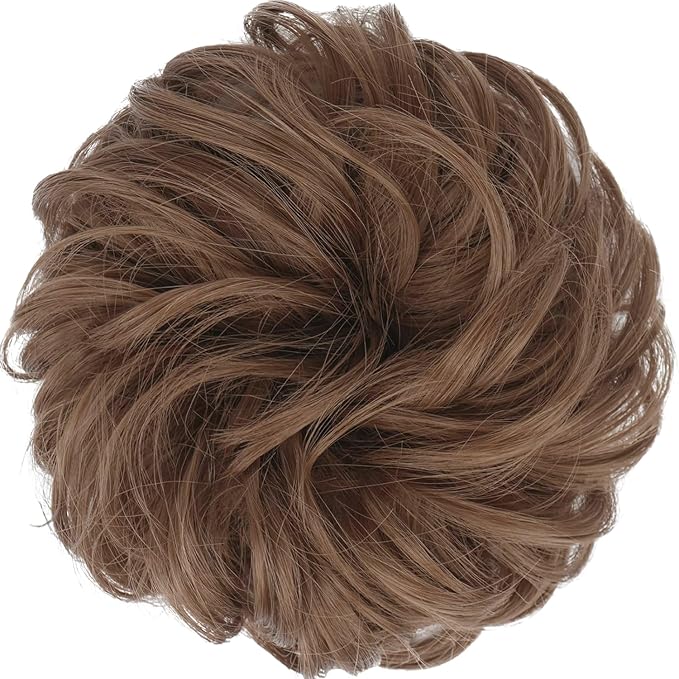 FESHFEN Messy Bun Hair Piece - Large Elastic Wavy Curly Hair Bun Scrunchies Ponytail Extensions Synthetic Chignon Hairpieces for Women, Medium Auburn 1.94oz