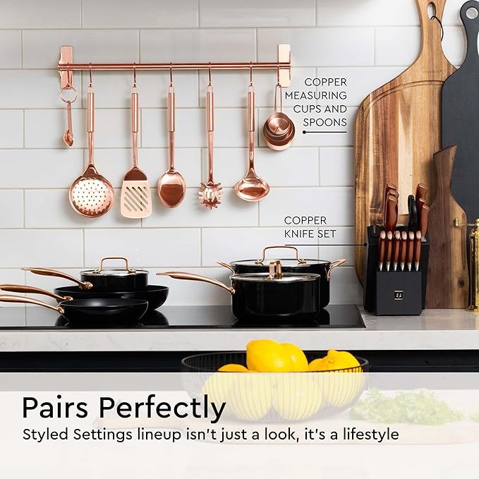Copper Cooking Utensils Set – 5-Piece Rose Gold Stainless Steel Kitchen Tools for Cooking and Serving Includes Ladle, Spoon, Pasta Fork, Spatula, and Skimmer – Stylish Copper Kitchen Accessories