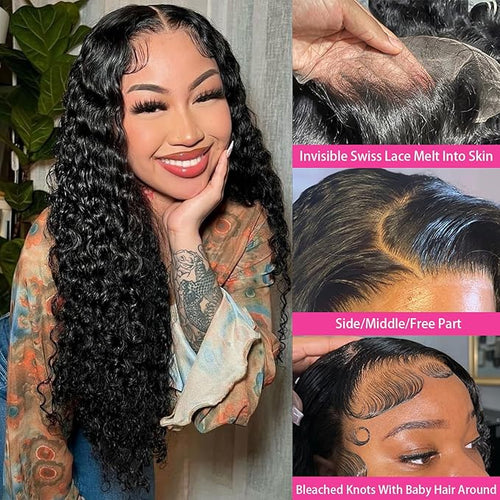 36 Inch HD Lace Front Wigs Human Hair 200% Density 13x4 Deep Wave Lace Front Wigs Human Hair Curly Wigs for Women Glueless Deep Wave Frontal Wigs with Baby Hair Pre Plucked Deep Wave Wig