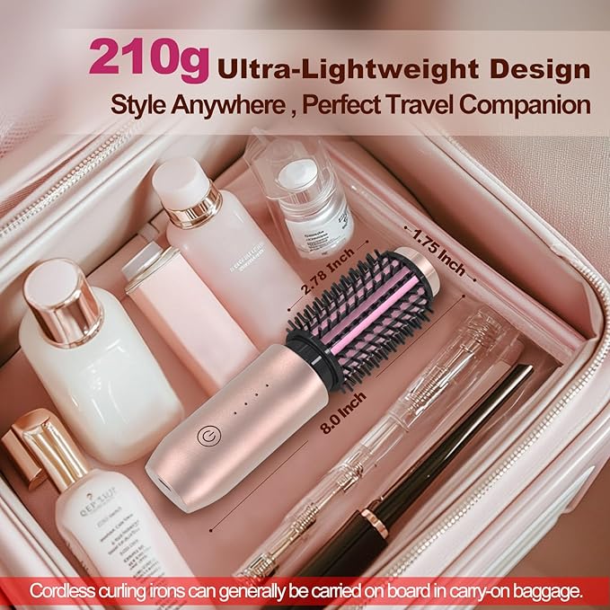 Youbella Cordless Hair Curling Iron Brush, Mini Travel Hot Straightener Comb, 3-in-1 Portable Wave Curling Wand, 1.5″ Ionic Heated Brush, USB Rechargeable Hair Curler, Pink – No Automatic Rotation