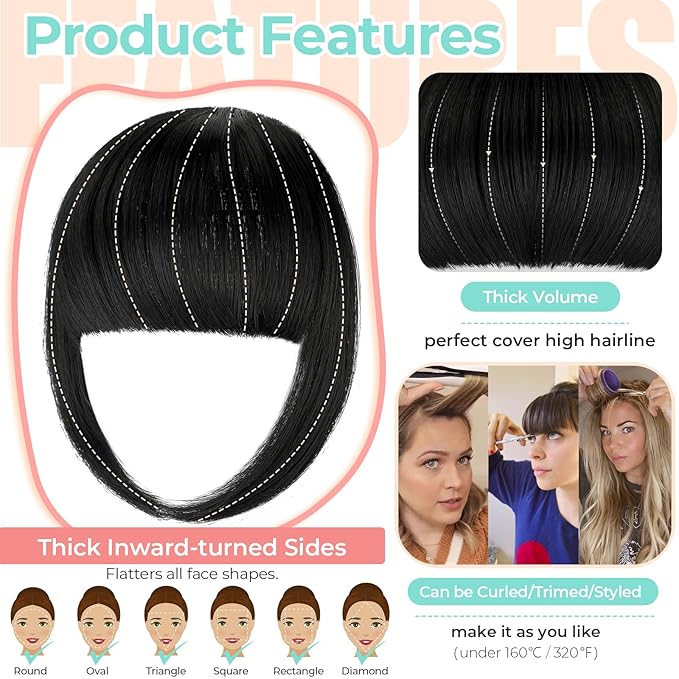 Clip in Bangs, Synthetic French Bangs Hair Clip, Fake Bangs Fringe with Temples Hairpieces for Women Natural Curved Hair Extensions for Daily Wear Dark Black