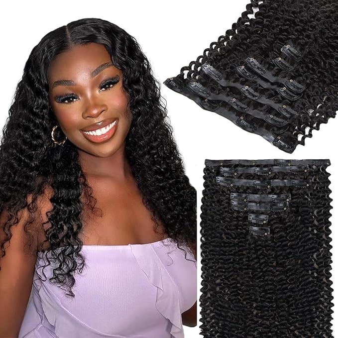 Lashey Seamless Clip in Hair Extensions Human Hair Kinky Curly 110g 7pcs PU Clip ins Natural Black 100% Real Human Hair 24 Inch
