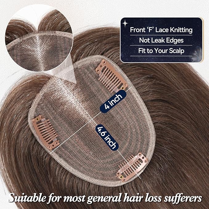 starluck Human Hair Toppers for Women with Thinning Hair, 14 Inch Real Hair Topper, 4.6x4 Inch SilkHug Swiss Lace Base Hairpiece, With Bangs (Brown)