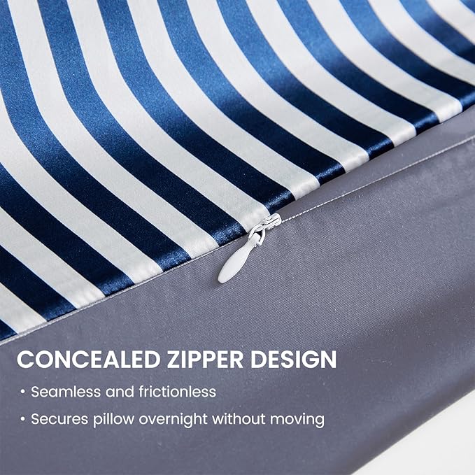 THXSILK Mulberry Silk Pillowcase for Hair and Skin Health, Grade 6A+ Mulberry Silk Pillowcase with Hidden Zipper, Soft and Breathable, 1pc (Standard 20"x26", Blue White Stripes)