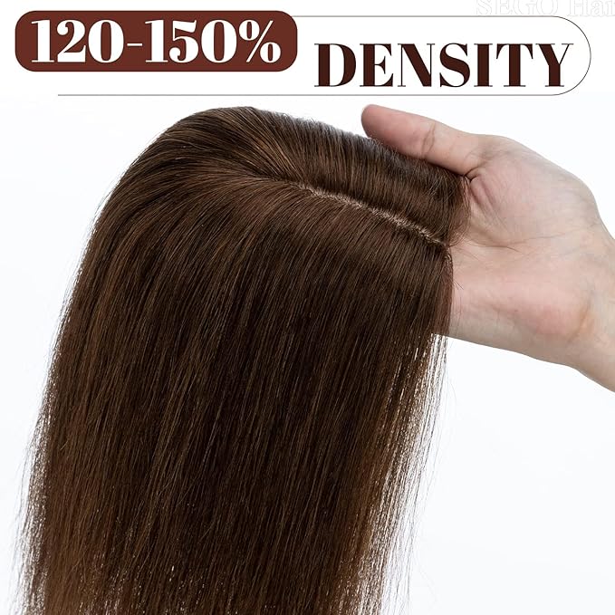SEGO Human Hair Topper for Women, No Bangs Real Hair Topper with Anti-Slip Clips (12 Inch#4 Medium Brown)
