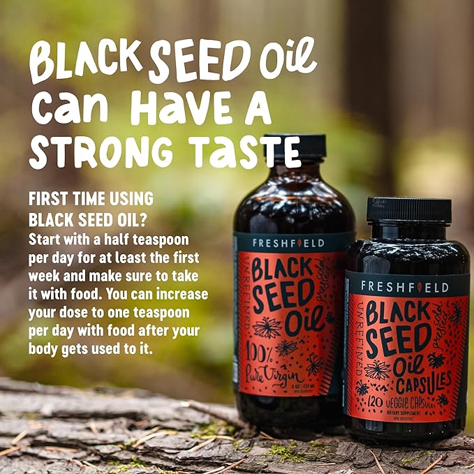 Freshfield Black Seed Oil, Tested Cold Pressed Nigella Sativa, High Thymoquinone (min 1.6%) and p-Cymene, Ultra Strength, Vegan, 100% Pure and Natural Black Cumin Seed Oil Supplement, 8oz Liquid