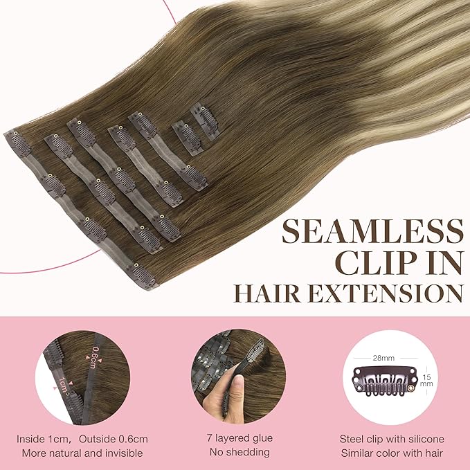 GOO GOO Clip in Hair Extensions Real Human Hair, Remy Human Hair Extensions Clip ins for Women, Natural Human Hair, 18inch 110g 7Pcs, 3/8/613 Balayage Walnut Brown to Ash Brown and Bleach Blonde