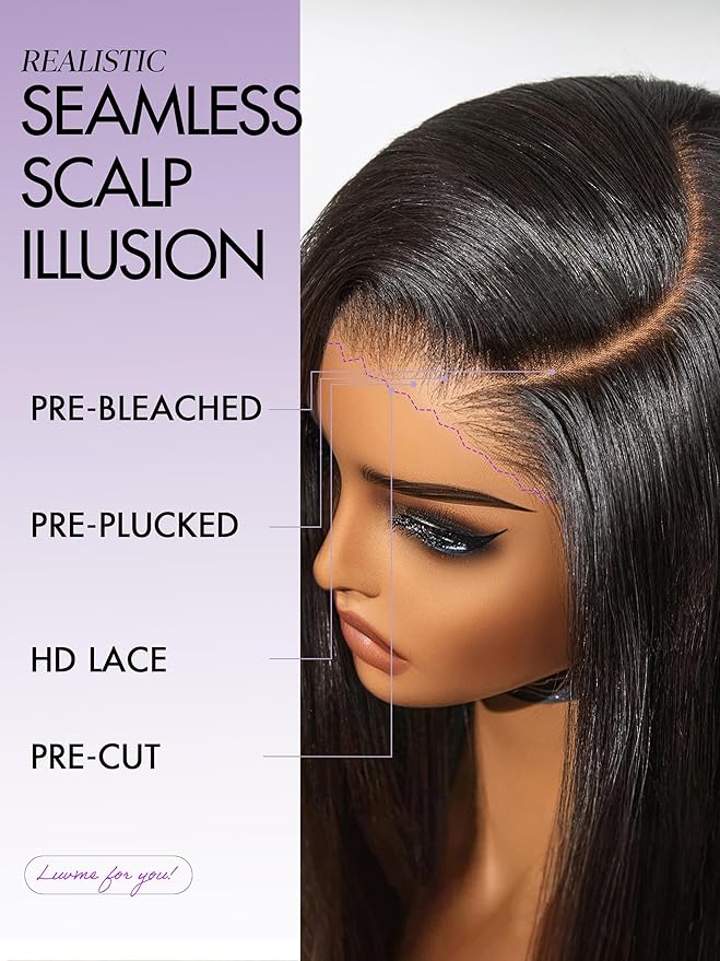 LUVME HAIR 7x6 All-Day Comfor Wig PartingMax Lace Wigs 200% Density Yaki Straight Lace Front Wigs Human Hair Pre Cut Plucked Lace Frontal Glueless 16 Inches Natural Black Color