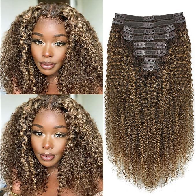 Kinky Curly Clip in Hair Extensions Real Human Hair 4/27/4 Omber Kinky Curly Clip ins For Women 3c 4a Brazilian Virgin Clip on Hair (12inch,#4/27/4)