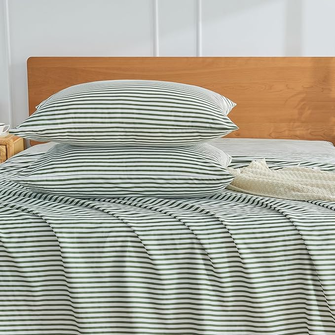 JELLYMONI 100% Natural Cotton Striped Standard Pillowcases Set, 2 Pack White and Green Stripes Pattern Printed Pillow Covers with Envelope Closure(Pillows are not Included)