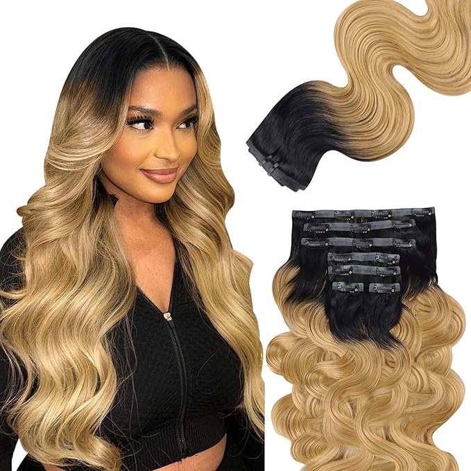 Lashey Clip in Hair Extensions Ombre Natural Black to Honey Blonde Seamless Clip in Hair Extensions Human Hair 22 Inch Body Wave 110g 7pcs Human Hair Extensions