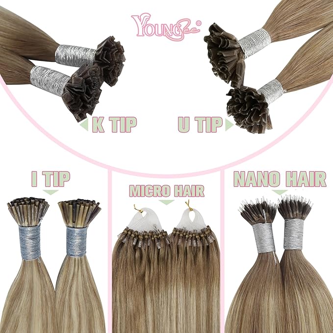 YoungSee Human Hair K Tip Hair Extensions Balayage Light Brown and Platinum Blonde Ktips Remy Hair Extensions 1G/S 50G 20In