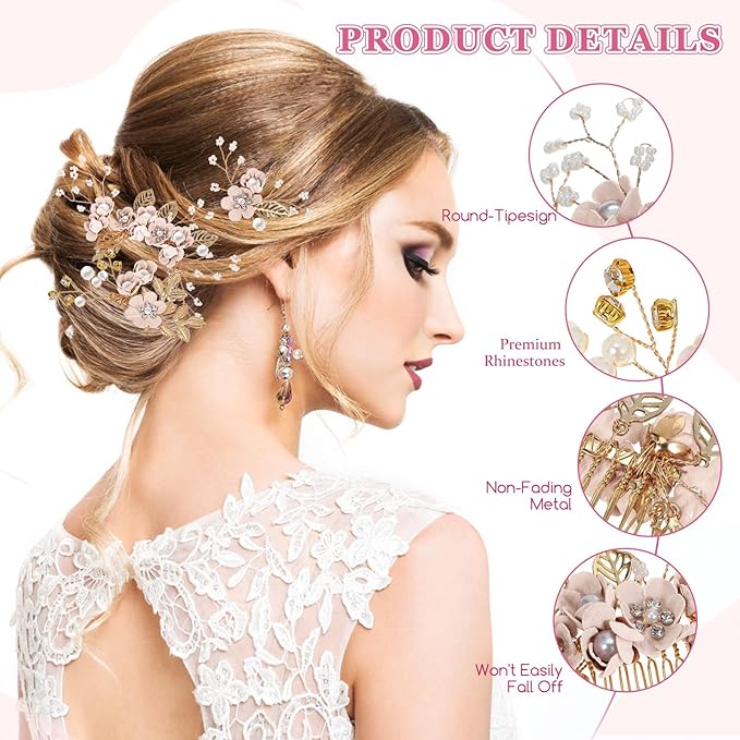 Wedding Flower Hair Accessories for Women: 4pcs Leaf and Flower Hair Combs for Women Accessories - Crystal Pearl Wedding Flower Clips Headpiece for Brides Bridesmaids Girls Updo (Pink)